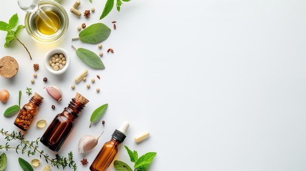 Photo flat lay of essential oils herbs and nutritional supplements on a white background