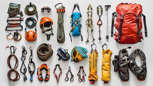 Photo flat lay of essential rock climbing equipment on a white background