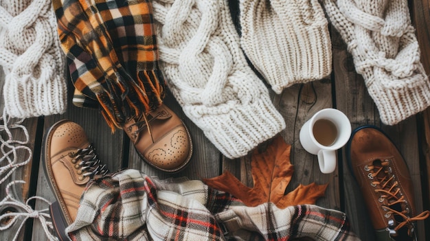 Photo a flat lay of fall fashion essentials including a cozy sweater boots and a plaid scarf