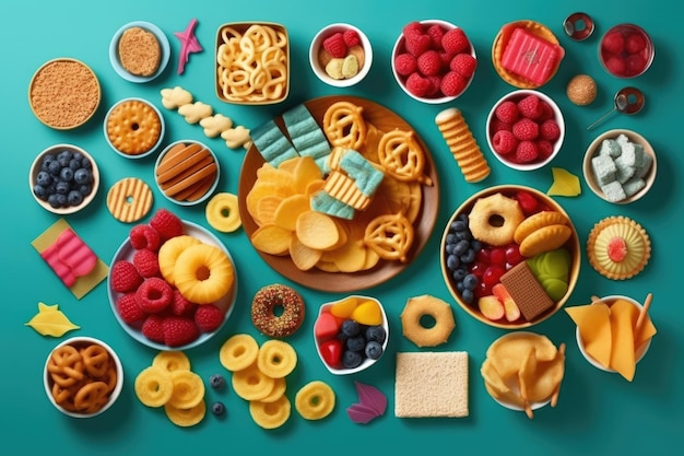 Flat lay of favorite snacks and joys