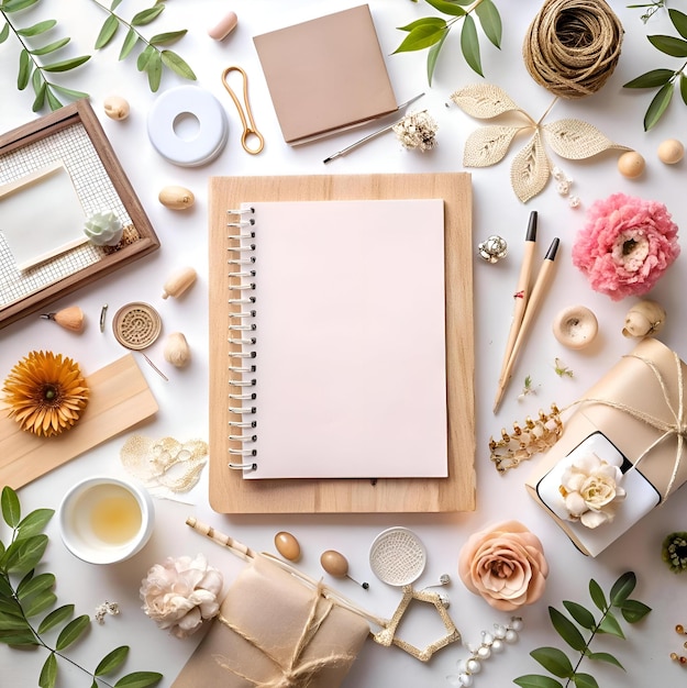 A flat lay featuring a blank notebook natural elements and delicate accents