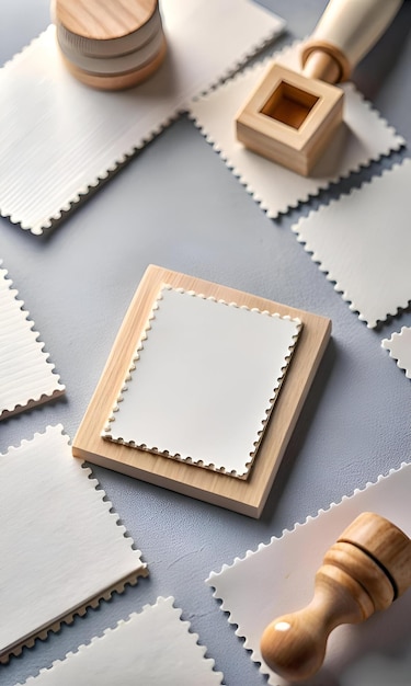 A flat lay featuring blank vintage postage stamps with a wooden stamp and other crafting supplies