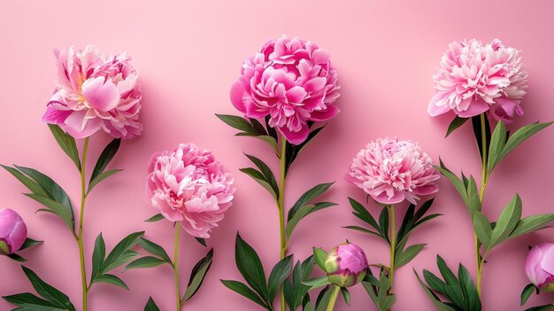 Photo a flat lay featuring multiple pink peonies with green stems and leaves arranged on a pink background