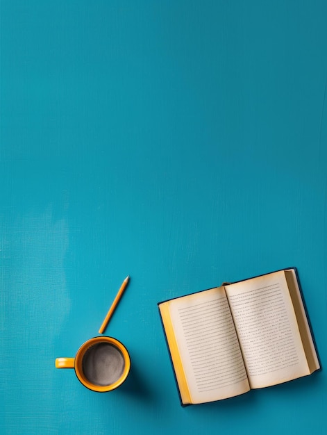 Photo a flat lay featuring a yellow mug of coffee an open book and a pencil on a vibrant blue backg