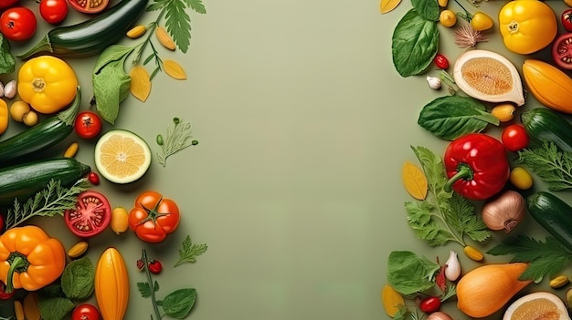 Flat Lay flat composition with colorful vegetables and green leaves