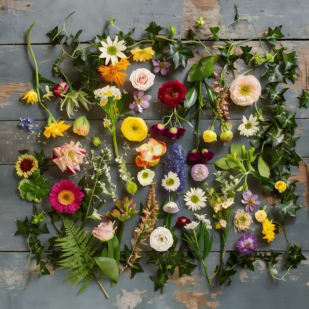 Photo flat lay of flowers and plants on the wooden background