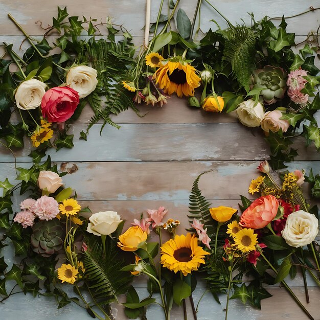 Photo flat lay of flowers and plants on the wooden background