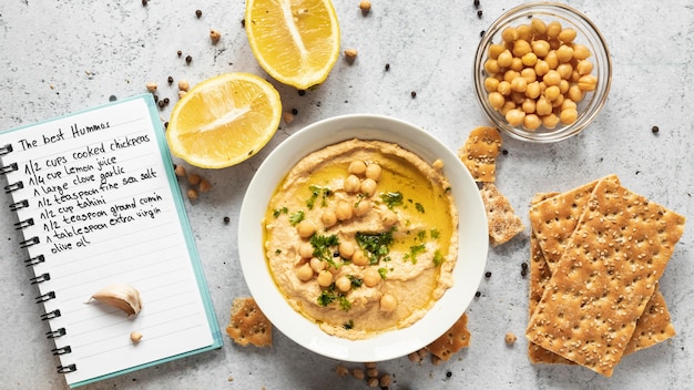 Flat lay of food ingredients with chickpeas in bowl