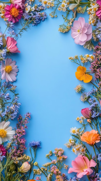 Photo flat lay frame from spring flowers on a light blue background