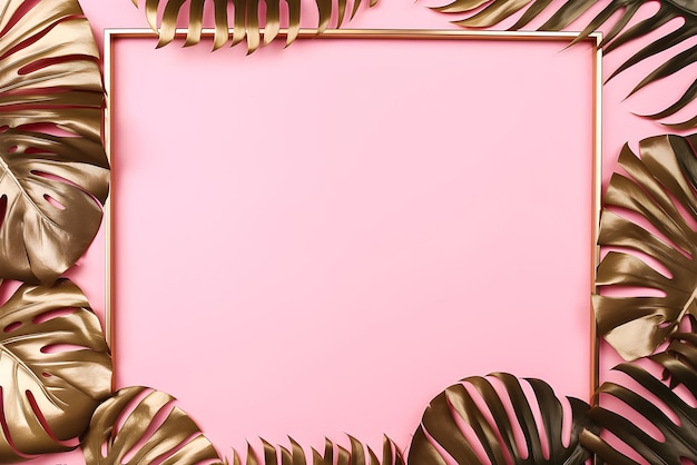 Flat lay frame of gold tropical palm leaves Monstera generative ai