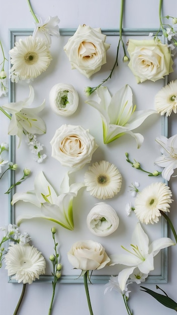 Flat lay frame with white flowers and background