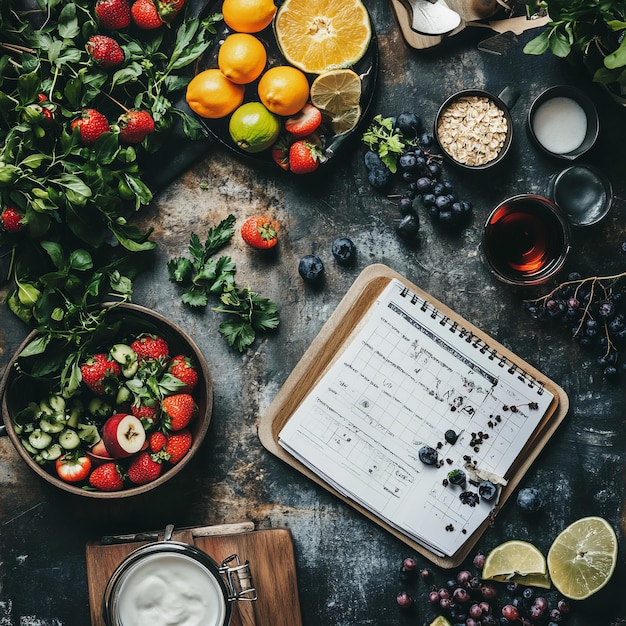 A Flat lay of fresh fruit and ingredients with a diet plan