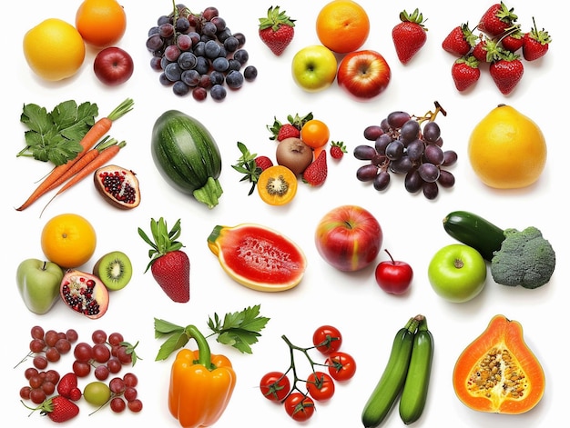 Flat Lay of Fruits and Vegetables on White