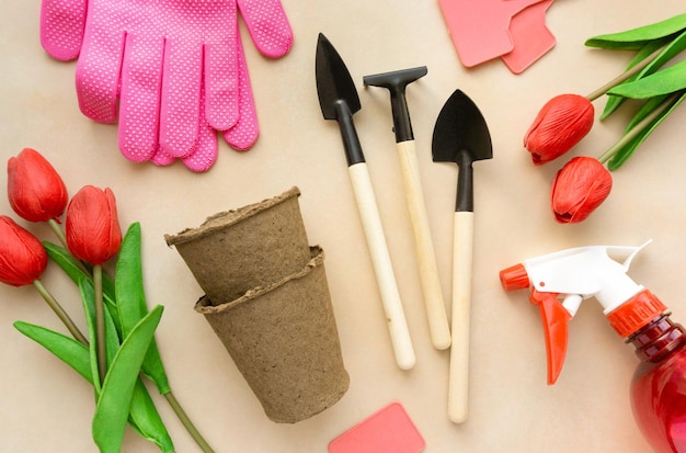 Flat lay of gardening tools. Shovels, seedling pots and gloves on beige background, top view.