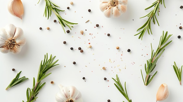 Photo flat lay of garlic cloves rosemary sprigs and peppercorns on a white background