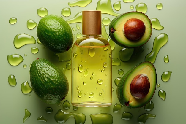 Flat lay glass jar with avocado cosmetic oil surrounded by fresh avocado fruit