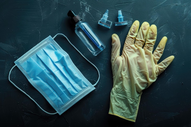 Photo flat lay of gloves with medical mask and hand sanitizer