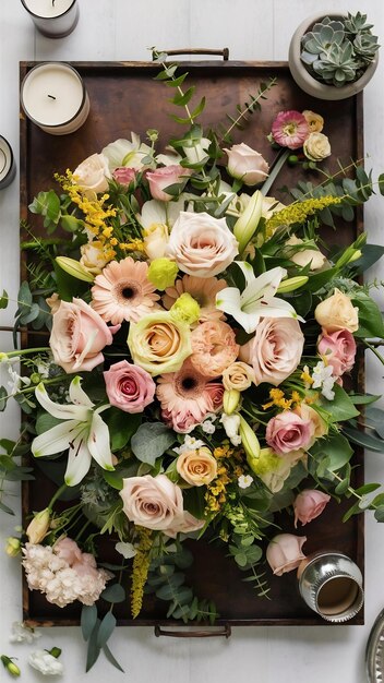 Flat lay of gorgeous flowers arrangement