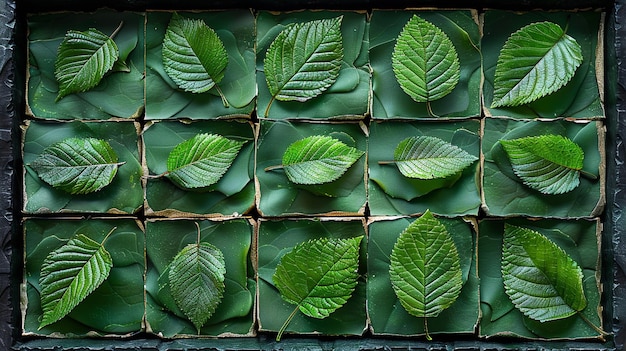 Photo flat lay of green leaves arranged over pages of an open book natural and literary theme for ecofrien