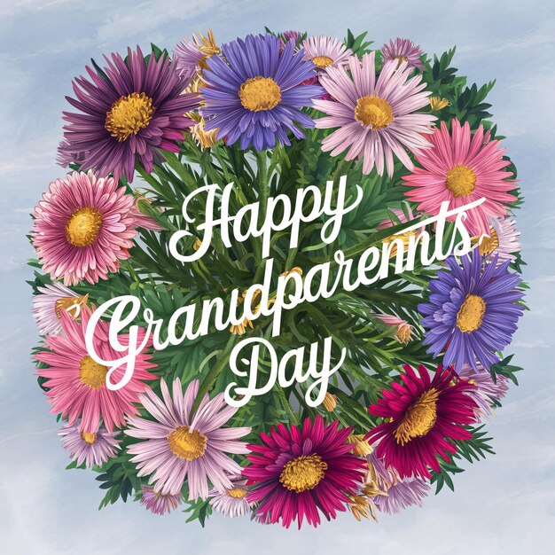 Photo flat lay greetings for happy grandparents day with beautiful aster flowers