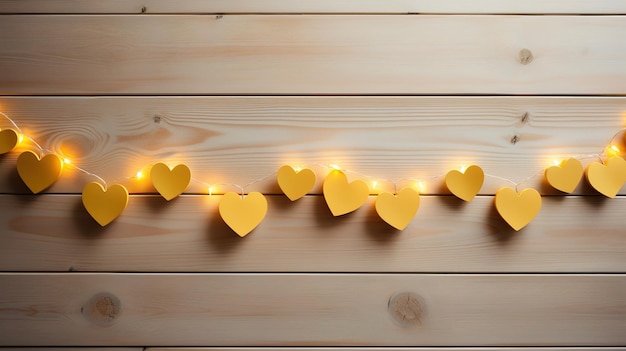 Flat lay of heart shape garland in warm yellow light color