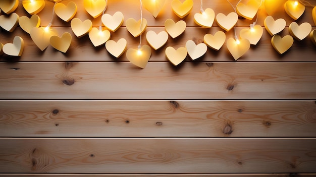 Flat lay of heart shape garland in warm yellow light color