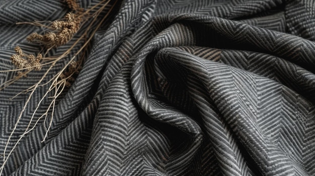 A flat lay of herringbone fabric in a classic charcoal grey with its subtle sophisticated pattern