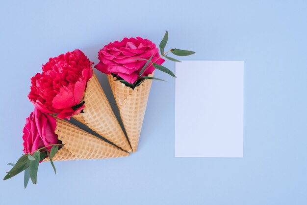 Flat lay Ice Cream Cones with pink peony and roses and white clear blank 