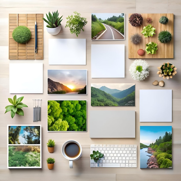 Photo a flat lay image of a clean modern workspace with a white keyboard coffee mug blank stationery green plants and nature photos