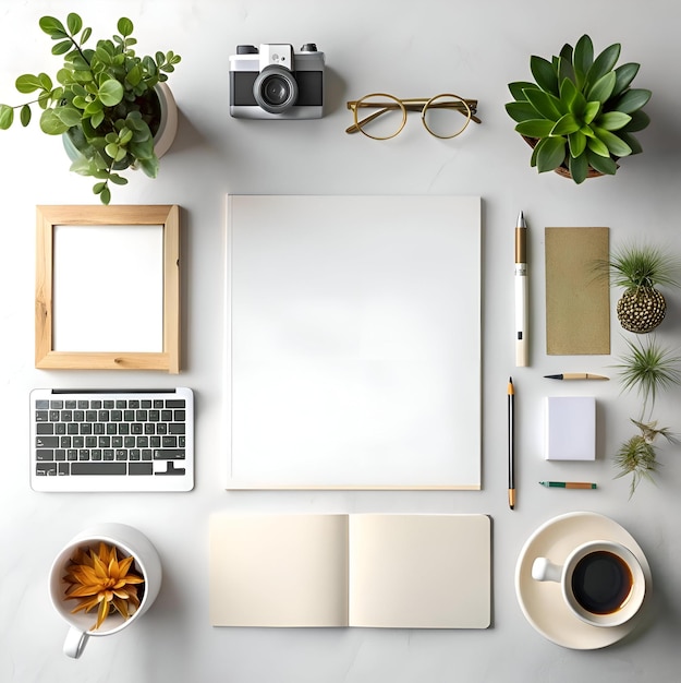 Photo a flat lay image showcasing a minimalistic and stylish workspace with various elements including a keyboard notepad camera plants and coffee