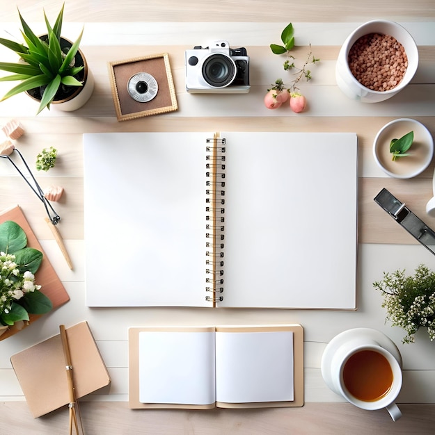 Photo flat lay image of a white notebook with blank pages open on a wooden desk