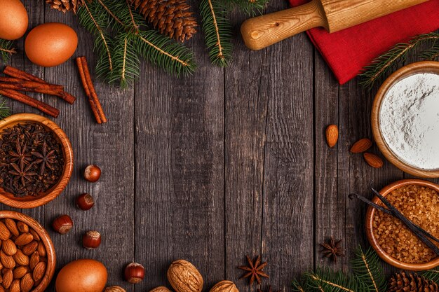 Flat lay on ingredients for cooking Christmas meals