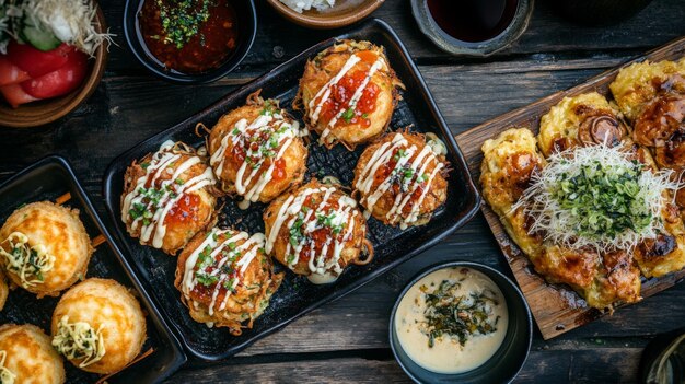 Photo flat lay of a japanese street food scene with takoyaki octopus balls and okonomiyaki savory pancake highlighting their unique toppings and presentation