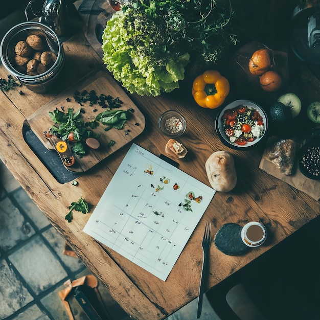 Flat lay of a kitchen table with ingredients a handwritten chart and a fork