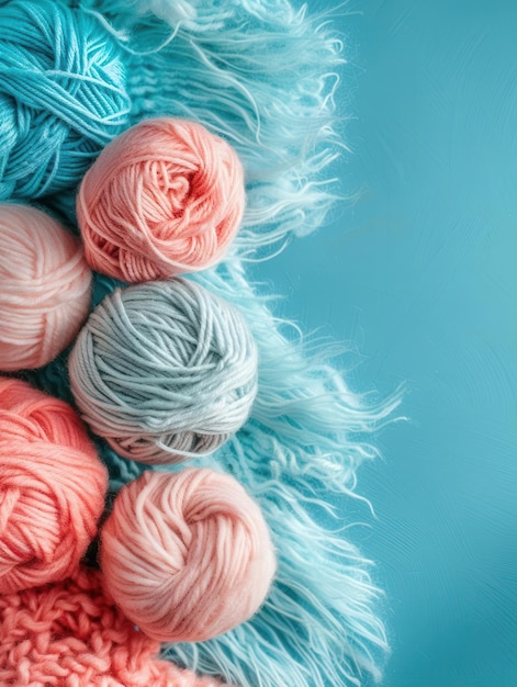 Photo flat lay of knitting yarn on pastel blue background cozy craft minimalism perfect for diy projects and creative inspiration