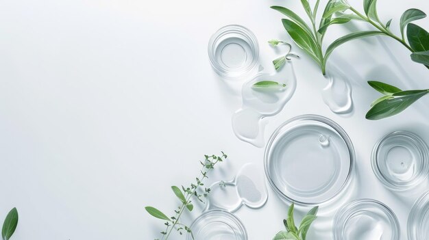 Flat lay of laboratory glassware and petri dishes among fresh greenery for natural science research