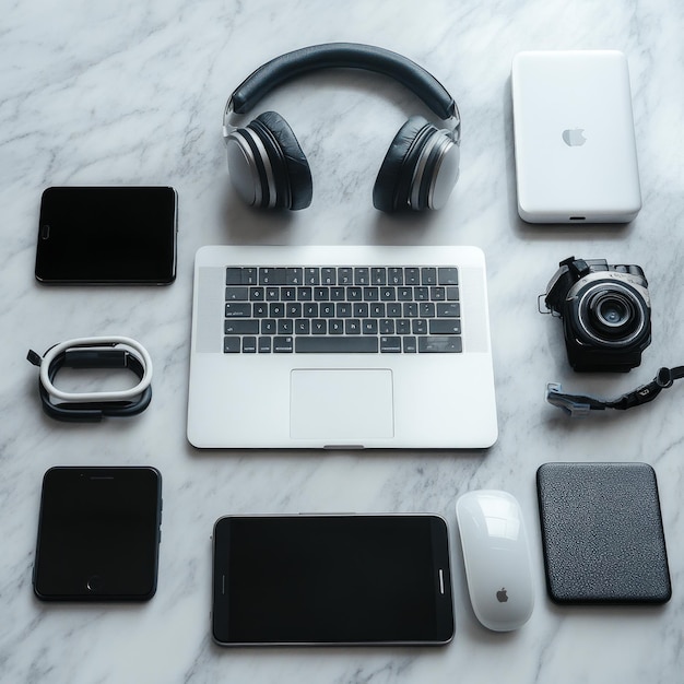 Photo flat lay of a laptop headphones phones camera and mouse on a marble surface