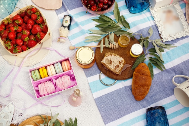 Flat lay layout with macaroons cakes.