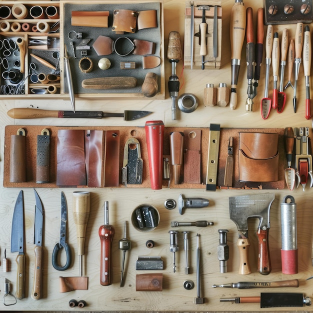 A flat lay of leather craft tools and supplies on a wooden surface