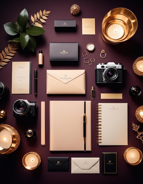 Photo flat lay of luxury brand stationery accessories and candles