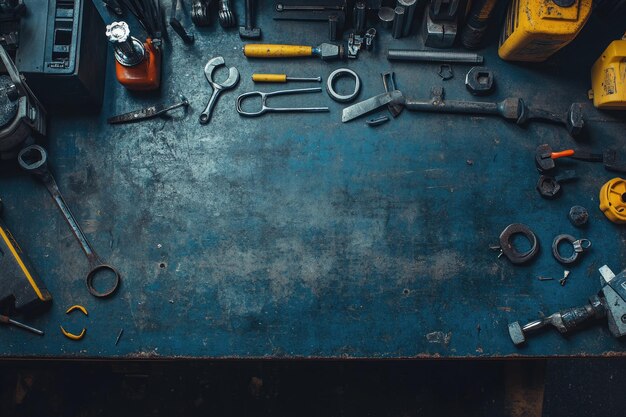 Flat lay mechanic tools on desk