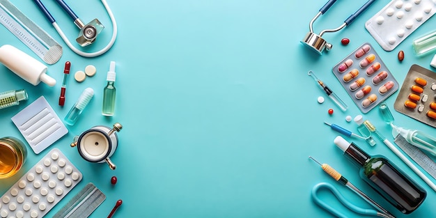 Flat lay of medical tools on colored background