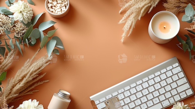 Photo flat lay minimalist composition with a keyboard candle and flowers