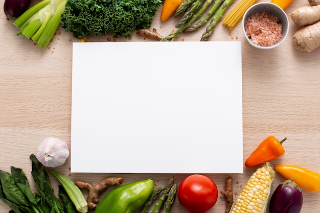 Flat lay mix of vegetables with blank rectangle