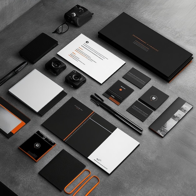 Flat lay mockup of black and white stationery items with cameras and pens