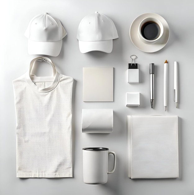 Photo a flat lay mockup of blank white branding items including a t shirt hat mug notepad pens and a coffee cup