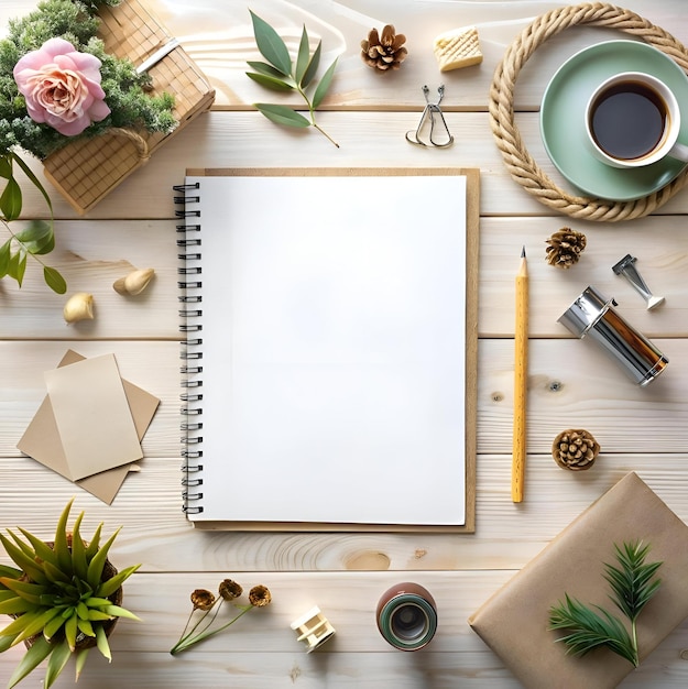 A flat lay mockup featuring a blank notepad on a light wood table surrounded by natural elements and crafting supplies