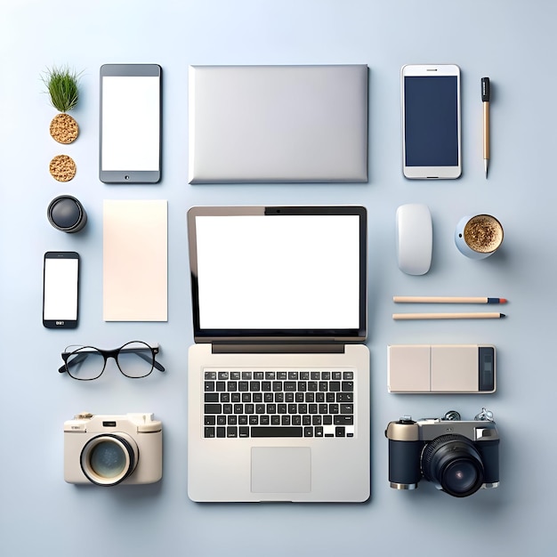 Photo flat lay mockup featuring a laptop smartphone tablet camera and office supplies