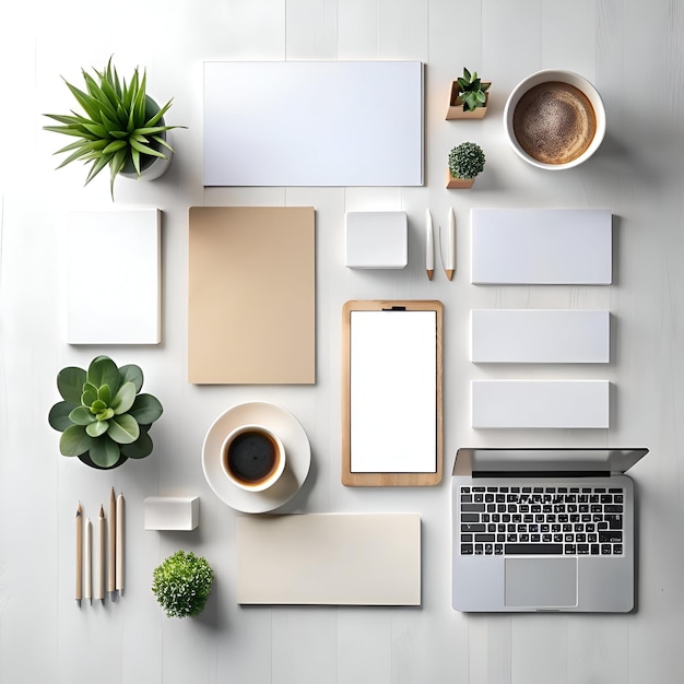 Photo flat lay mockup of a modern workspace with a laptop notepad coffee pencils and plants