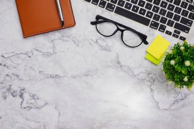 Flat-lay  mockup white office desk working space background